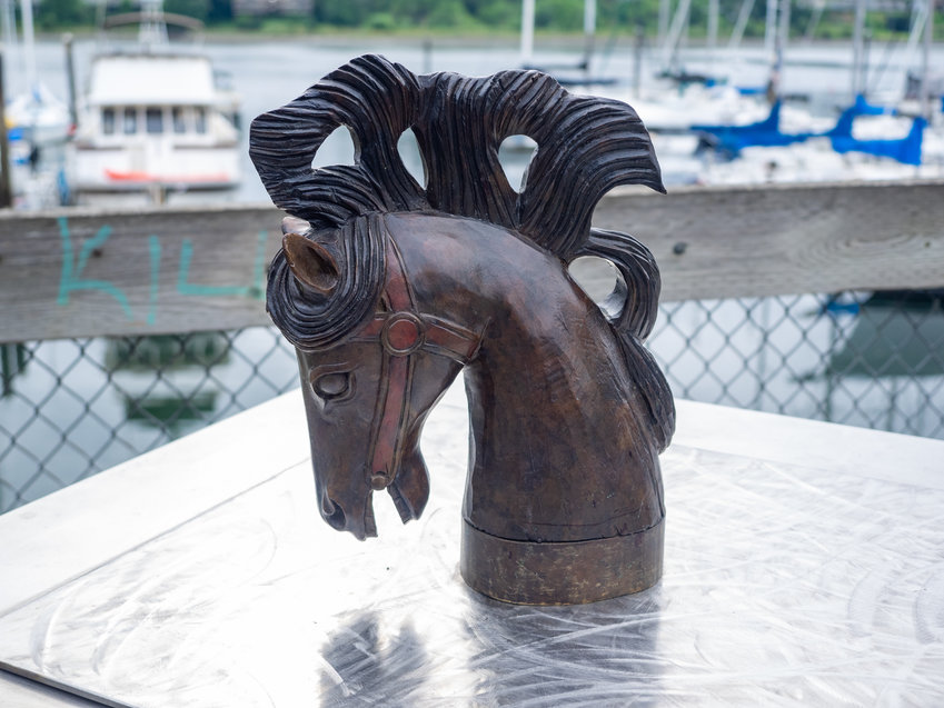 Horse with Personality by Timm Duffy. Medium silicon bronze. Percival Plinth Project sculptures on Percival Landing.